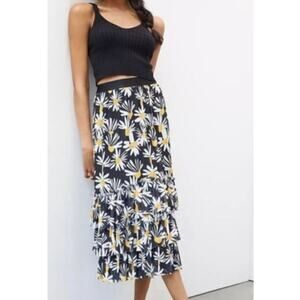 Eva Franco Anthropologie Daisy Tiered Mesh Midi Skirt Black Floral L Rare Find